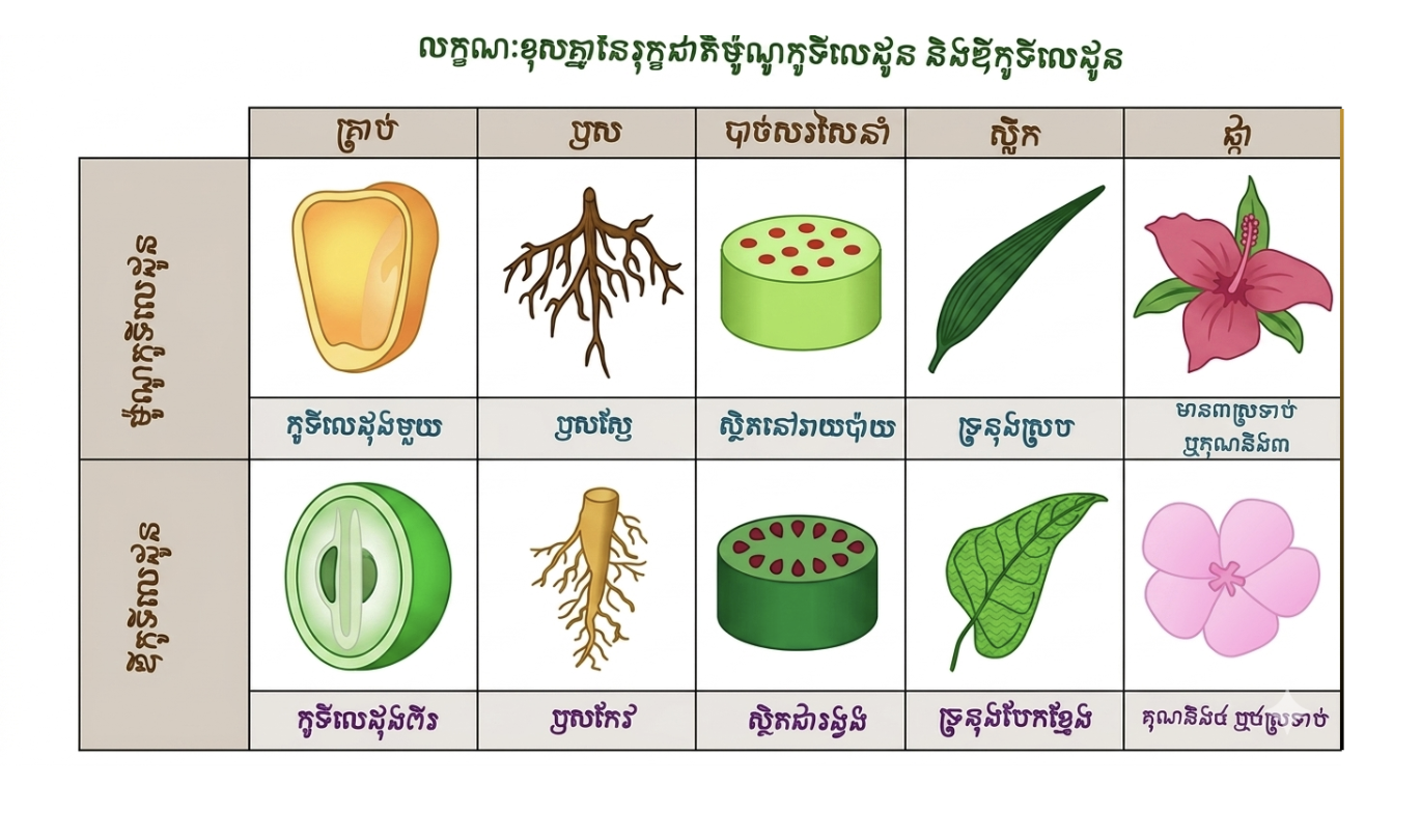 ប្រៀបធៀបរុក្ខជាតិម៉ូណូកូទីលេដូននិងឌីកូទីលេដូន 